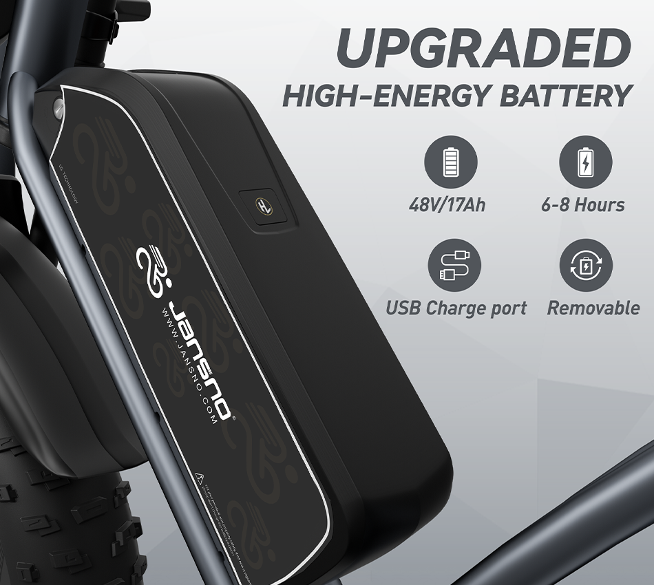 Jansno x50 ebike upgraded high-energy battery .The X50 comes with a removable 48V 17Ah battery.Charging time 6-8 hours.USB Charge port.